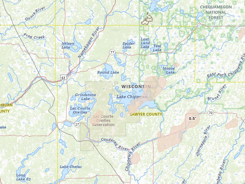 Radar-estimated hail-size map of the storm over Hayward, WI on Apr 17, 2026