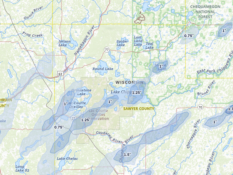 NEXRAD radar-signature map of the hail over Hayward, WI