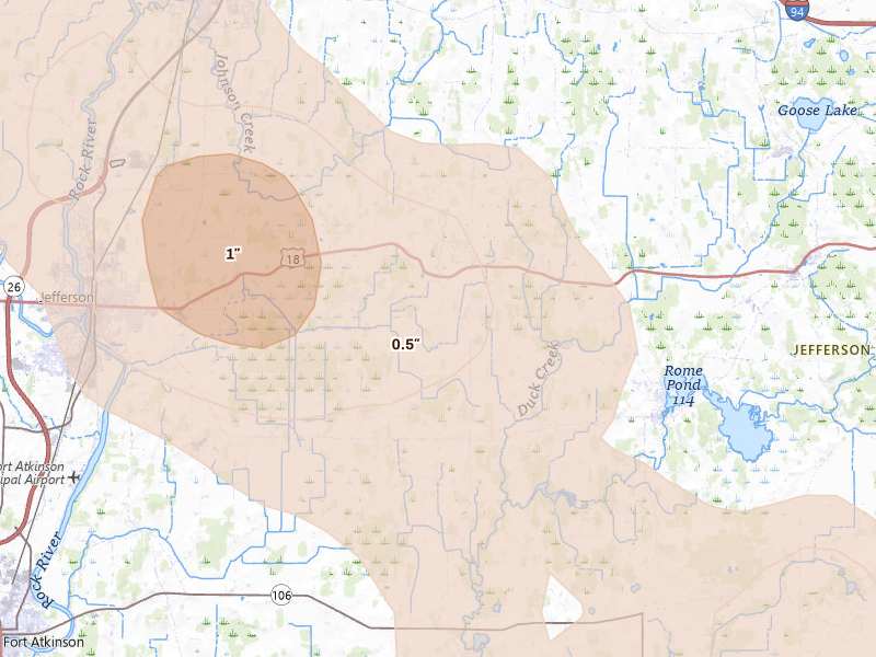 Radar-estimated hail-size map of the storm over Helenville, WI on Jul 27, 2026