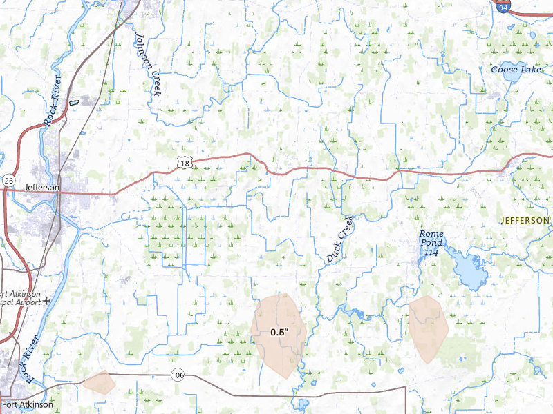Radar-estimated hail-size map of the storm over Helenville, WI on Aug 9, 2026