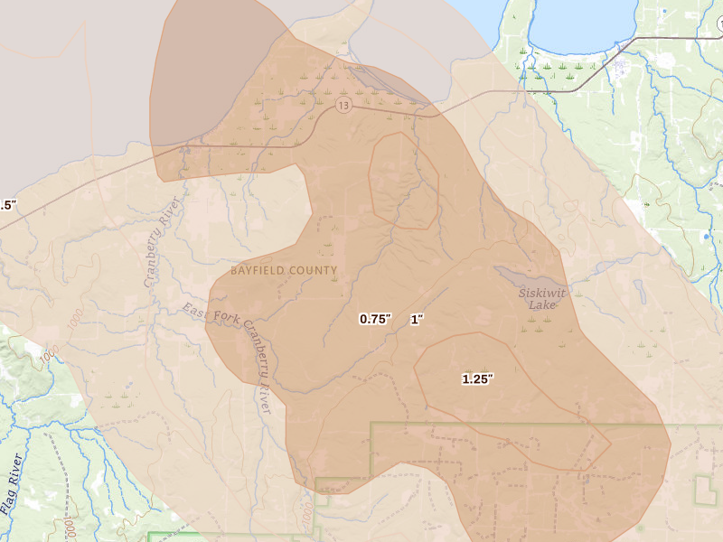 Radar-estimated hail-size map of the storm over Herbster, WI on Jul 17, 2026