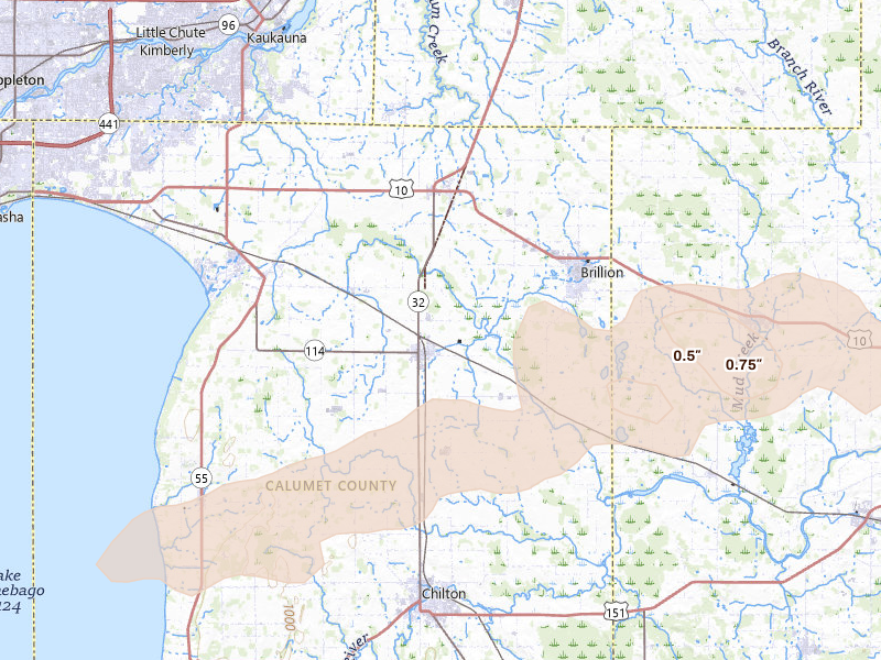Radar-estimated hail-size map of the storm over Hilbert, WI on Mar 30, 2026