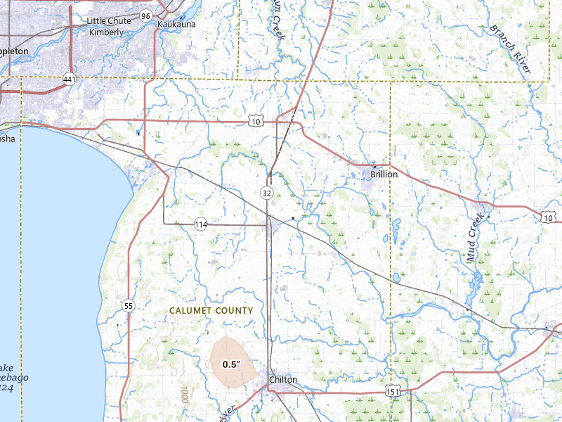 Radar-estimated hail-size map of the storm over Hilbert, WI on Mar 31, 2026