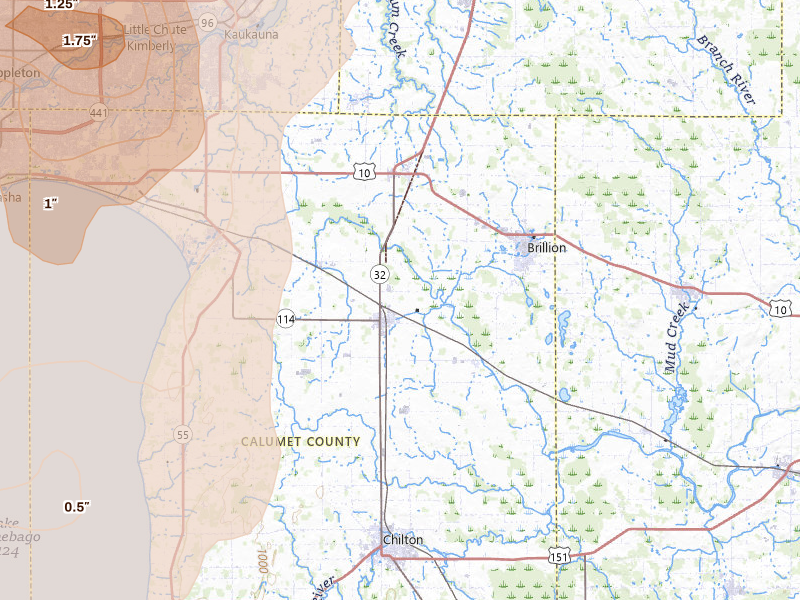 Radar-estimated hail-size map of the storm over Hilbert, WI on Jul 27, 2026