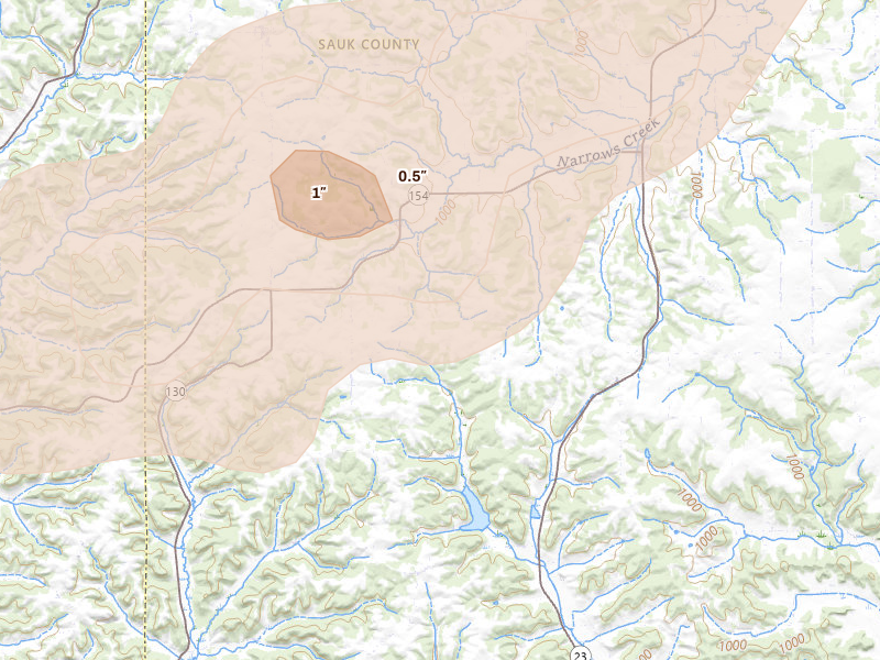 Radar-estimated hail-size map of the storm over Hillpoint, WI on Apr 13, 2026