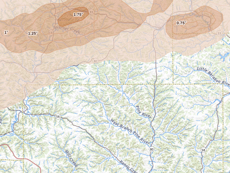 Radar-estimated hail-size map of the storm over Hillsboro, WI