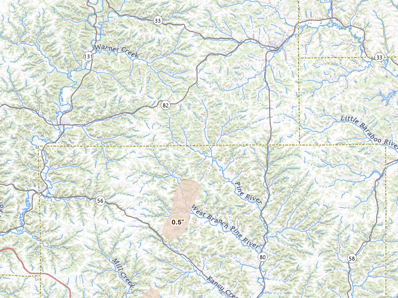 Radar-estimated hail-size map of the storm over Hillsboro, WI on Jun 10, 2026
