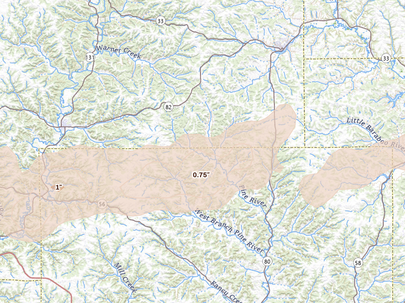 Radar-estimated hail-size map of the storm over Hillsboro, WI on Jun 30, 2026