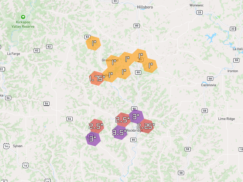 Hail map of Hillsboro, WI on Jul 1, 2026, hail up to 1.75"