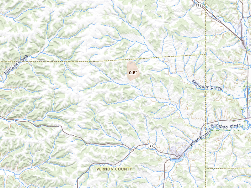 Radar-estimated hail-size map of the storm over Hillsboro, WI on Sep 1, 2026