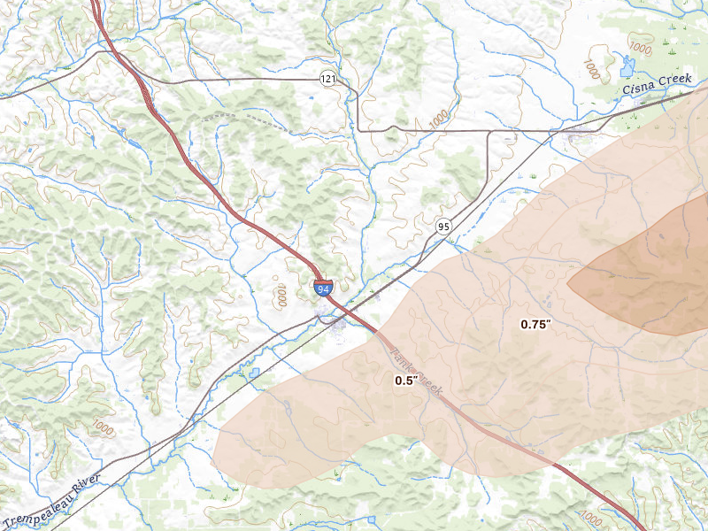 Radar-estimated hail-size map of the storm over Hixton, WI on Apr 17, 2026