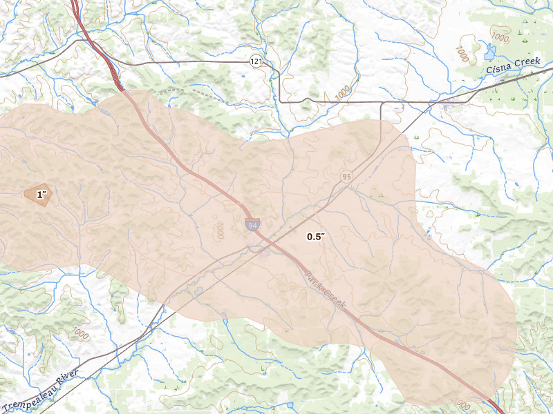 Radar-estimated hail-size map of the storm over Hixton, WI on Jun 5, 2026