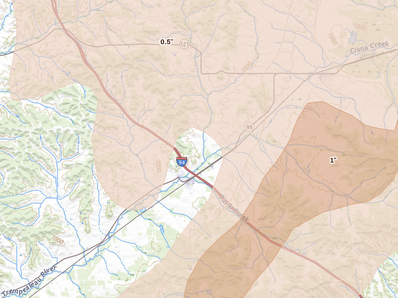 Radar-estimated hail-size map of the storm over Hixton, WI on Jun 9, 2026