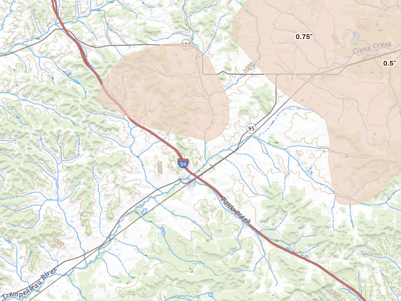 Radar-estimated hail-size map of the storm over Hixton, WI on Jun 10, 2026