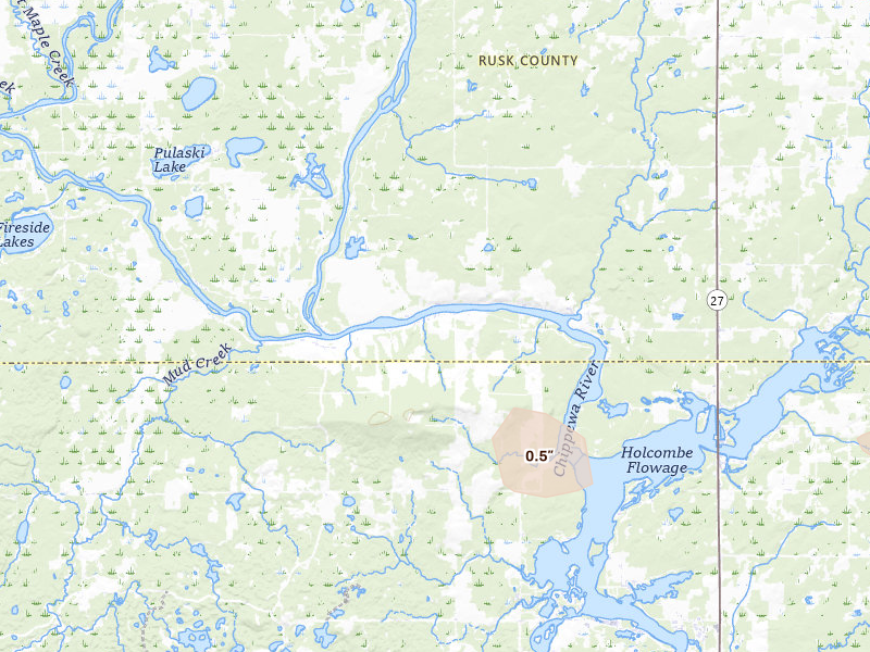 Radar-estimated hail-size map of the storm over Holcombe, WI on Jun 19, 2026