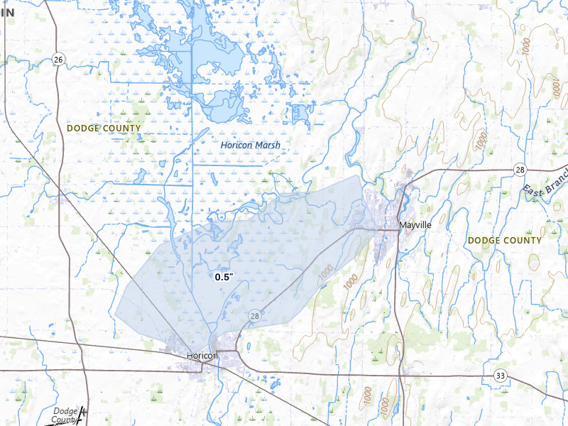 NEXRAD radar-signature map of the hail storm over Horicon, WI on Mar 31, 2026