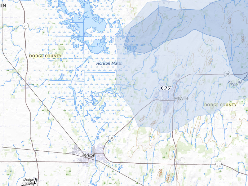 NEXRAD radar-signature map of the hail storm over Horicon, WI on May 15, 2026