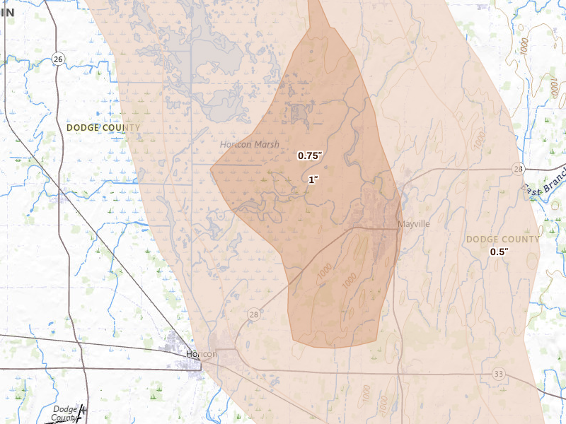 Radar-estimated hail-size map of the storm over Horicon, WI on Jul 27, 2026