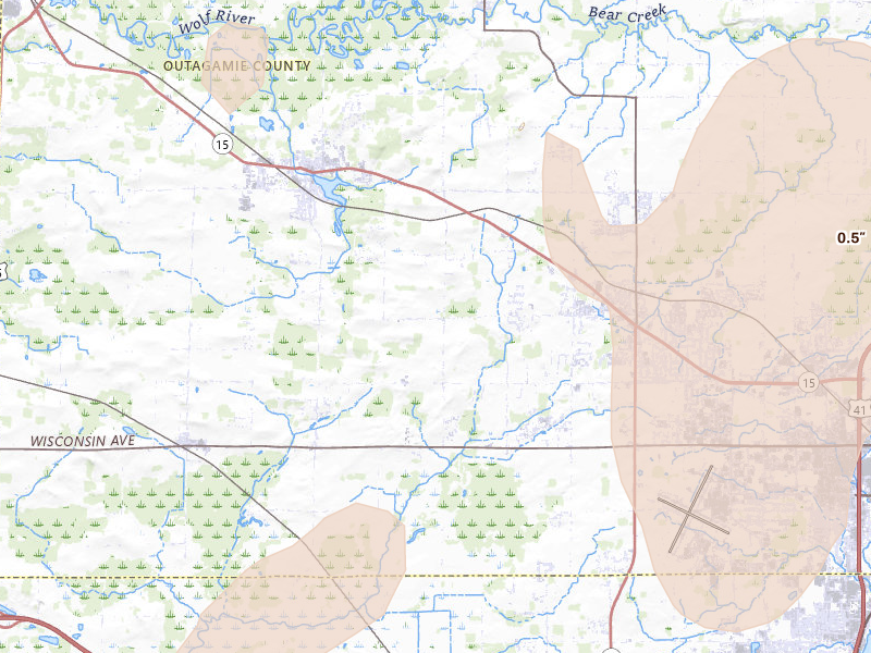 Radar-estimated hail-size map of the storm over Hortonville, WI on Jul 1, 2026