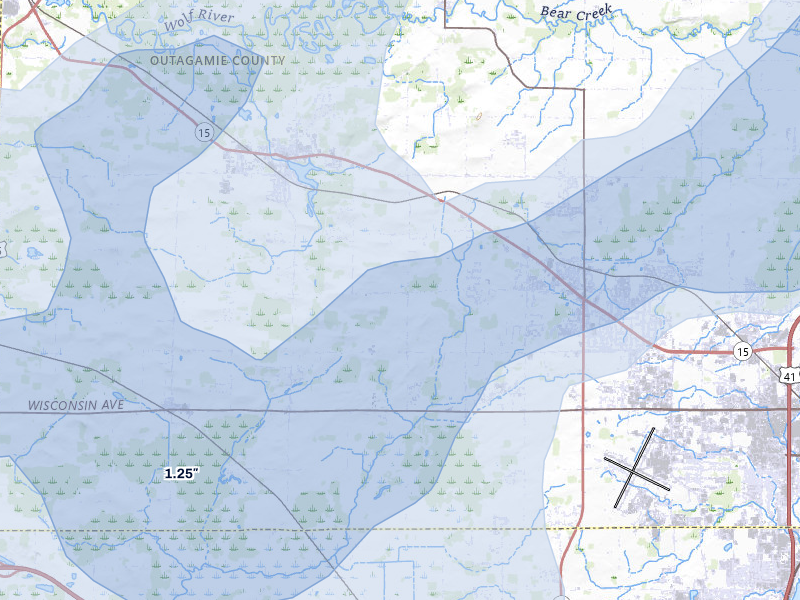 NEXRAD radar-signature map of the hail over Hortonville, WI