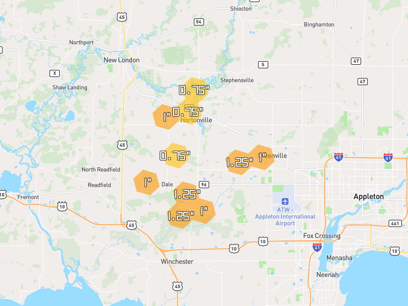 Hail map of Hortonville, WI on Jul 1, 2026, hail up to 1.25"