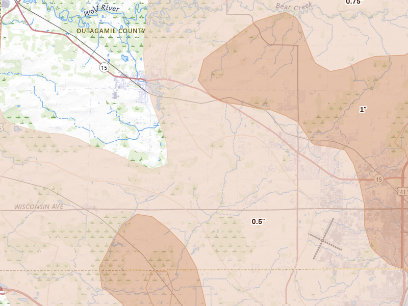 Radar-estimated hail-size map of the storm over Hortonville, WI on Jul 27, 2026