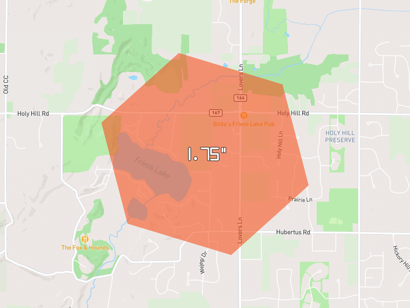 Hail map of Hubertus, WI on Jul 2, 2026, hail up to 1.75"
