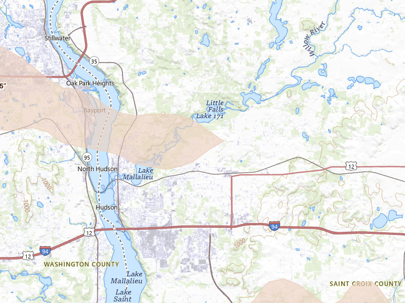 Radar-estimated hail-size map of the storm over Hudson, WI on Aug 8, 2026
