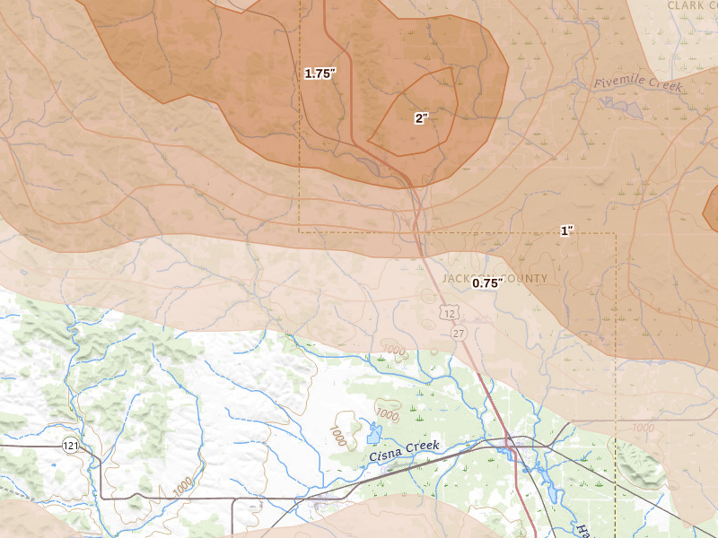 Radar-estimated hail-size map of the storm over Humbird, WI on Apr 13, 2026