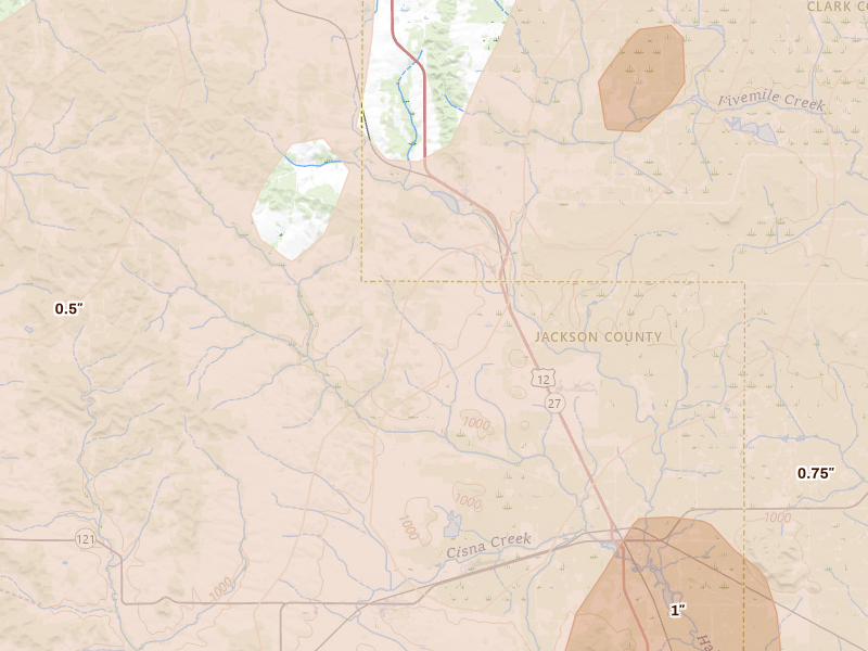 Radar-estimated hail-size map of the storm over Humbird, WI on Jun 9, 2026