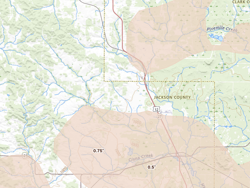 Radar-estimated hail-size map of the storm over Humbird, WI on Jun 10, 2026