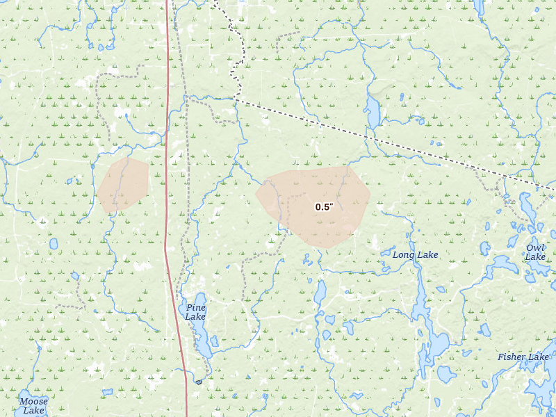 Radar-estimated hail-size map of the storm over Hurley, WI on Jul 20, 2026