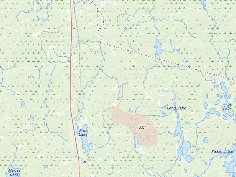 Radar-estimated hail-size map of the storm over Hurley, WI on Jul 27, 2026