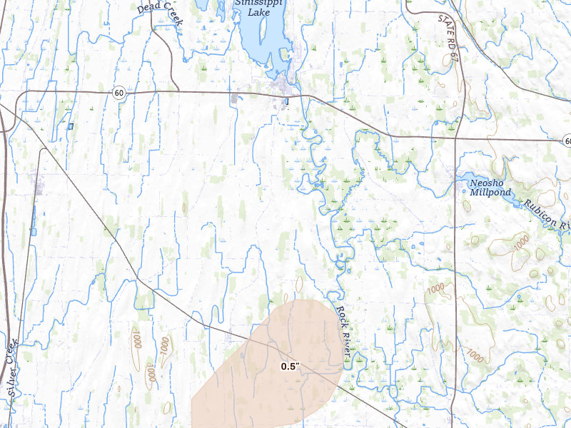 Radar-estimated hail-size map of the storm over Hustisford, WI on Jul 2, 2026