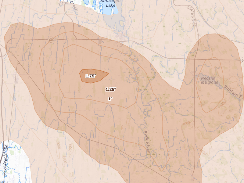 Radar-estimated hail-size map of the storm over Hustisford, WI on Jul 27, 2026