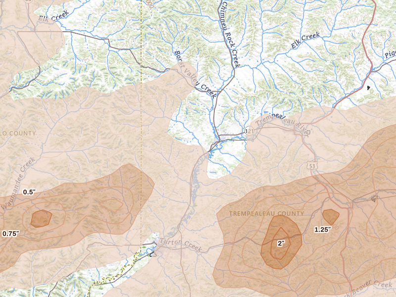 Radar-estimated hail-size map of the storm over Independence, WI on Apr 13, 2026