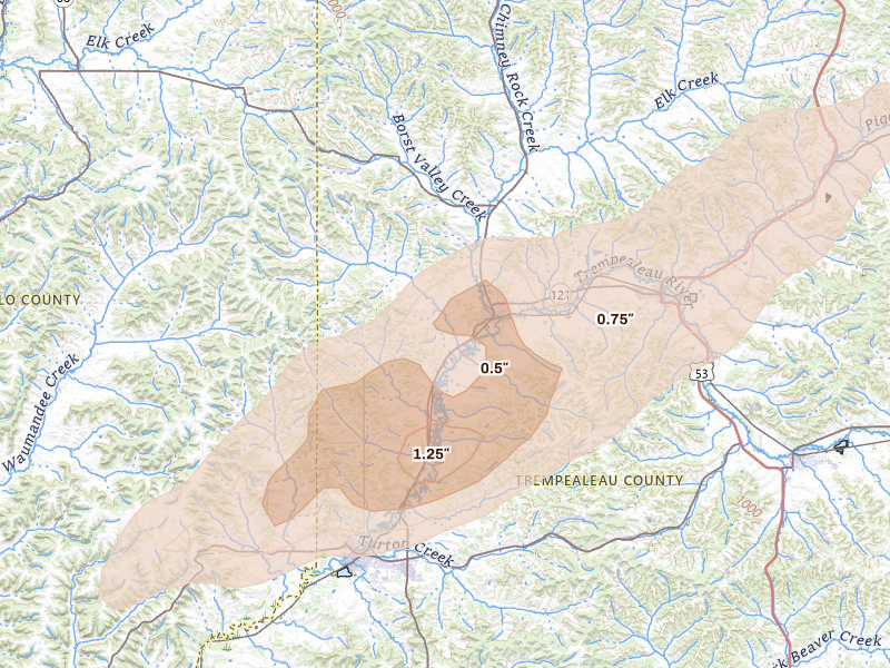 Radar-estimated hail-size map of the storm over Independence, WI on Jun 30, 2026