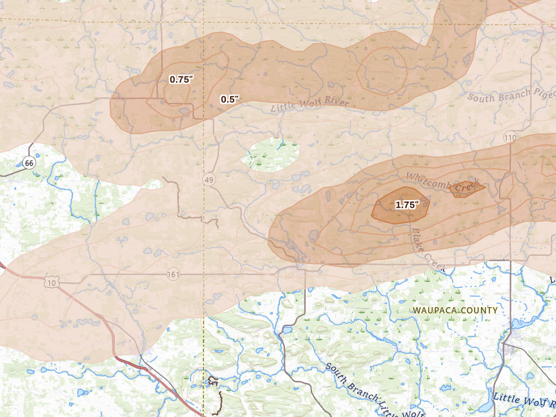 Radar-estimated hail-size map of the storm over Iola, WI on Apr 13, 2026