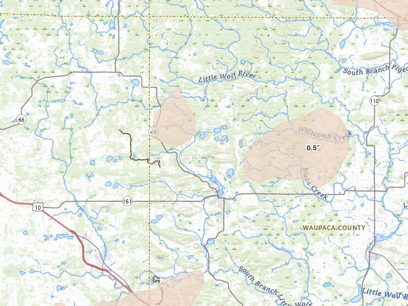 Radar-estimated hail-size map of the storm over Iola, WI on Jun 10, 2026