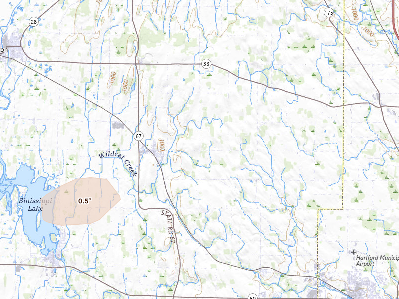 Radar-estimated hail-size map of the storm over Iron Ridge, WI on Jun 16, 2026