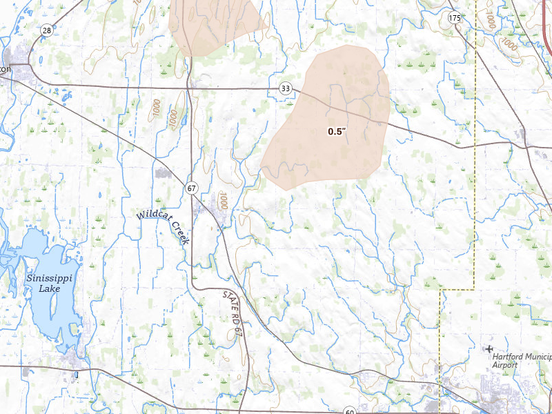 Radar-estimated hail-size map of the storm over Iron Ridge, WI on Jun 24, 2026
