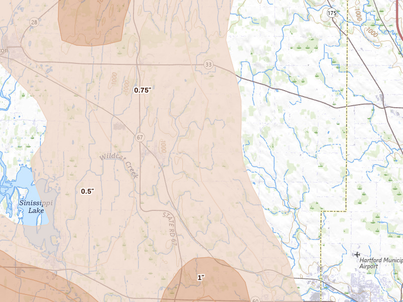 Radar-estimated hail-size map of the storm over Iron Ridge, WI on Jul 27, 2026