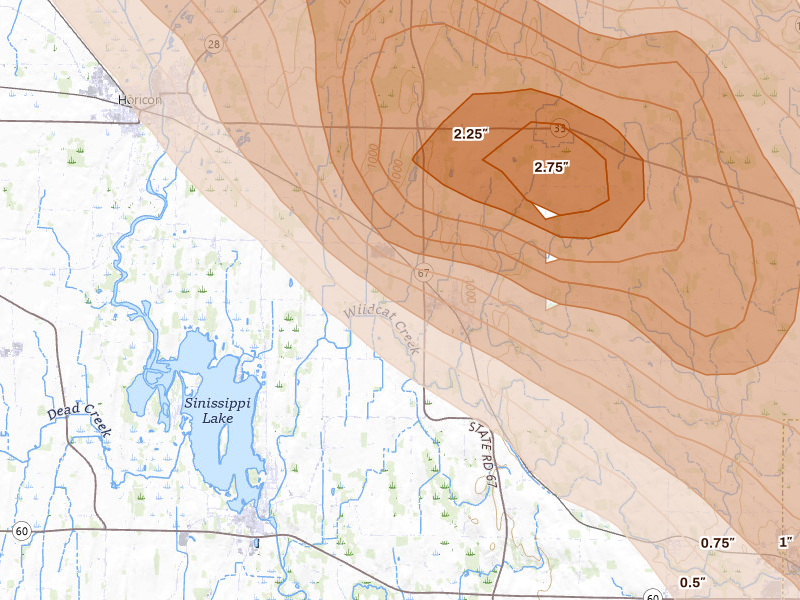 Radar-estimated hail-size map of the storm over Iron Ridge, WI