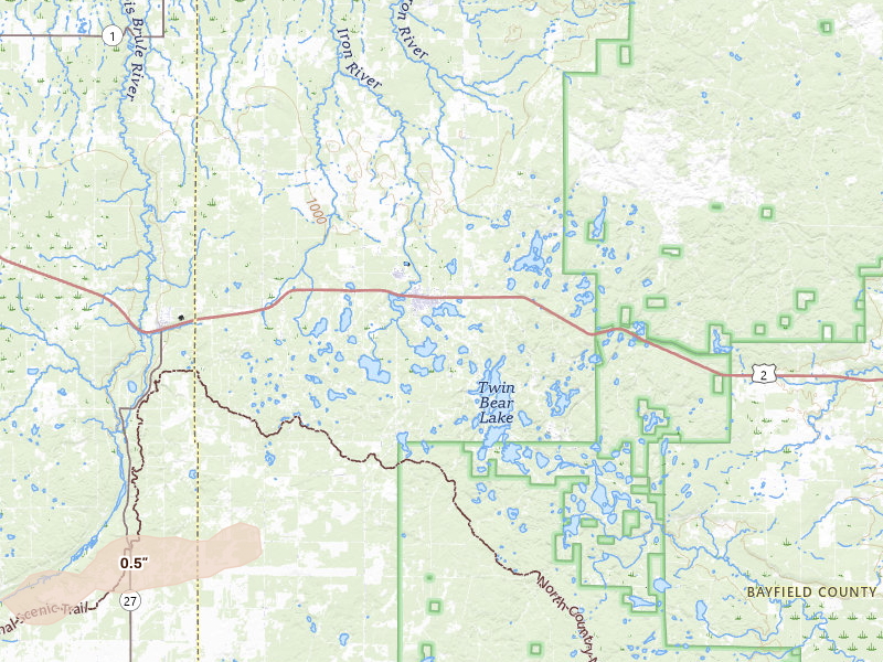 Radar-estimated hail-size map of the storm over Iron River, WI on Jun 28, 2026