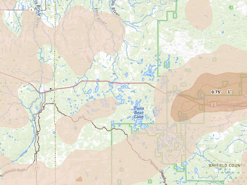 Radar-estimated hail-size map of the storm over Iron River, WI on Jun 29, 2026