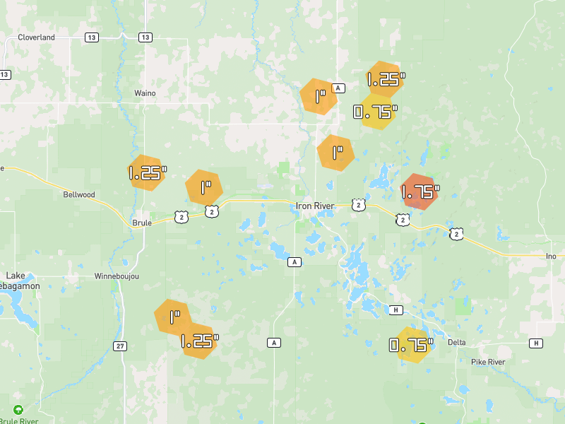 Hail map of Iron River, WI on Jun 29, 2026, hail up to 1.75"