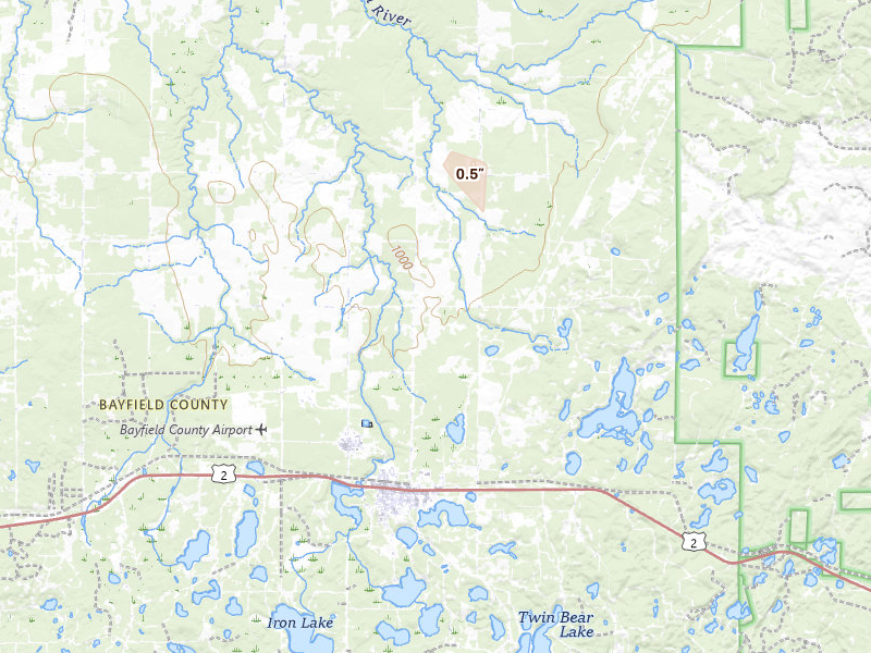 Radar-estimated hail-size map of the storm over Iron River, WI on Aug 30, 2026