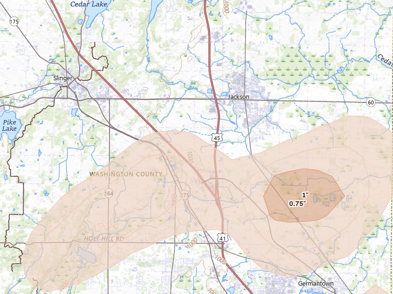 Radar-estimated hail-size map of the storm over Jackson, WI on Jul 2, 2026