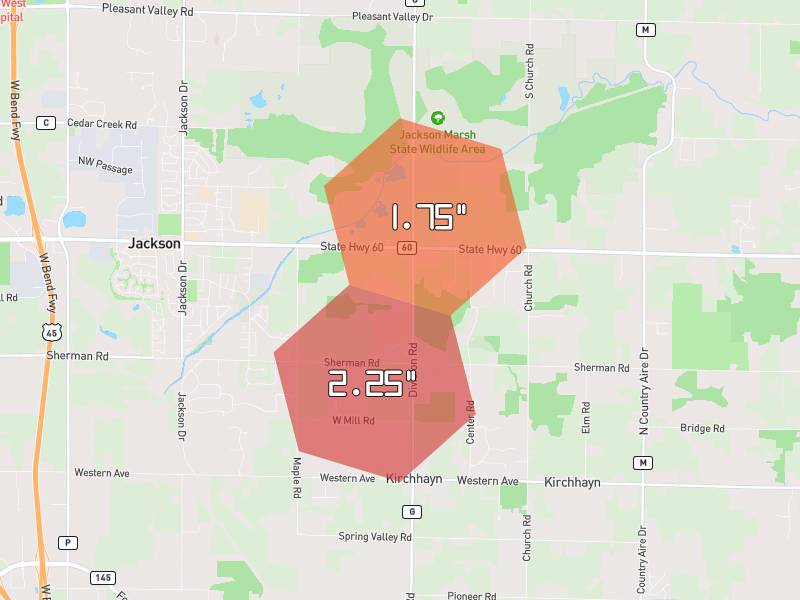 Hail map of Jackson, WI on Jul 2, 2026, hail up to 2.25"