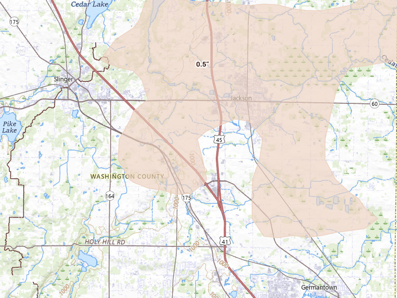 Radar-estimated hail-size map of the storm over Jackson, WI on Jul 27, 2026